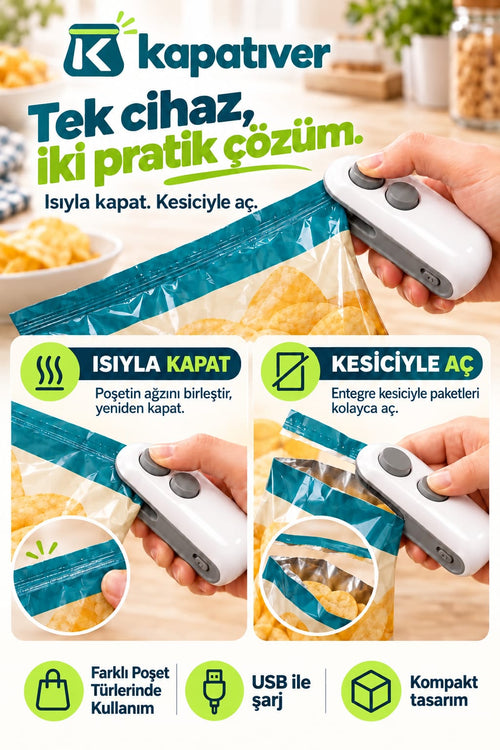 Kapatıver Şarjlı Mini Poşet Kapatıcı ve Kesici | 2’si 1 Arada