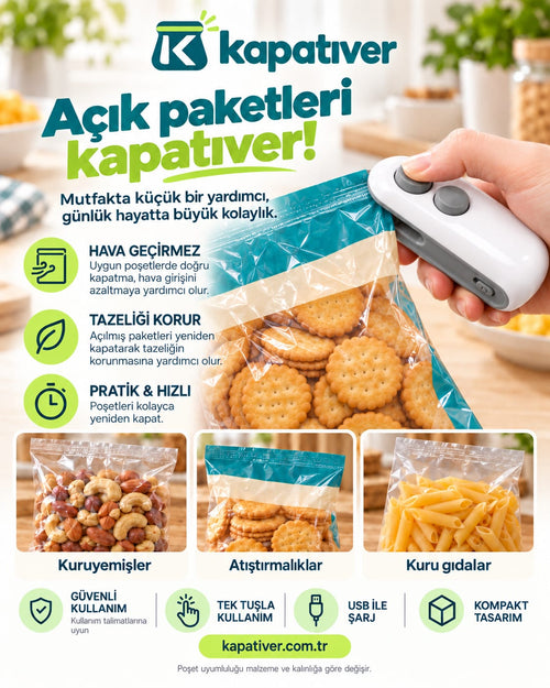 Kapatıver Şarjlı Mini Poşet Kapatıcı ve Kesici | 2’si 1 Arada