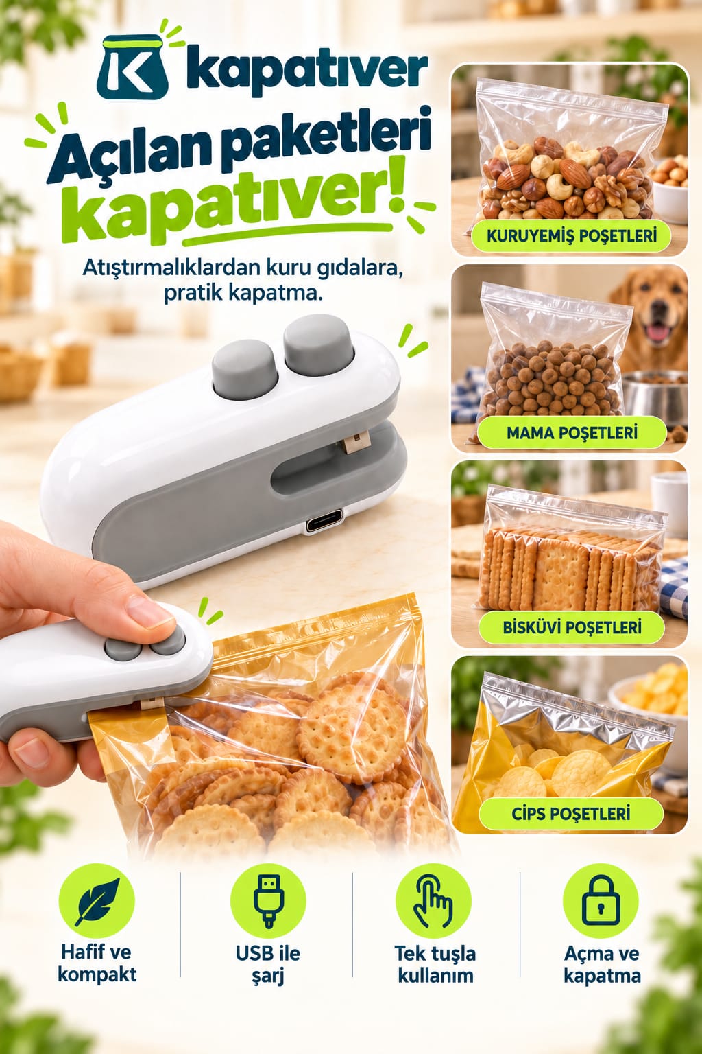 Kapatıver Şarjlı Mini Poşet Kapatıcı ve Kesici | 2’si 1 Arada