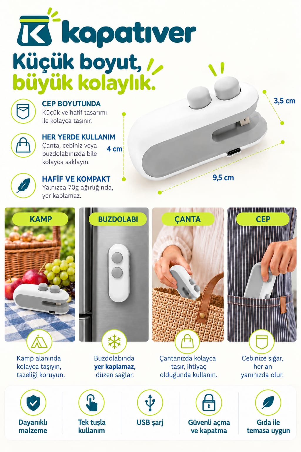 Kapatıver Şarjlı Mini Poşet Kapatıcı ve Kesici | 2’si 1 Arada