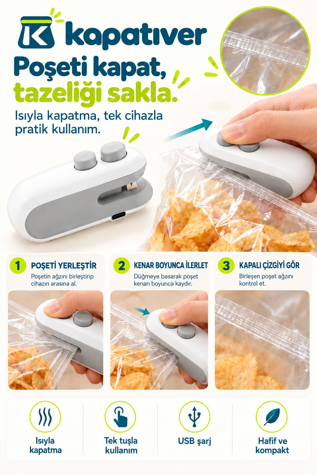 Kapatıver Şarjlı Mini Poşet Kapatıcı ve Kesici | 2’si 1 Arada